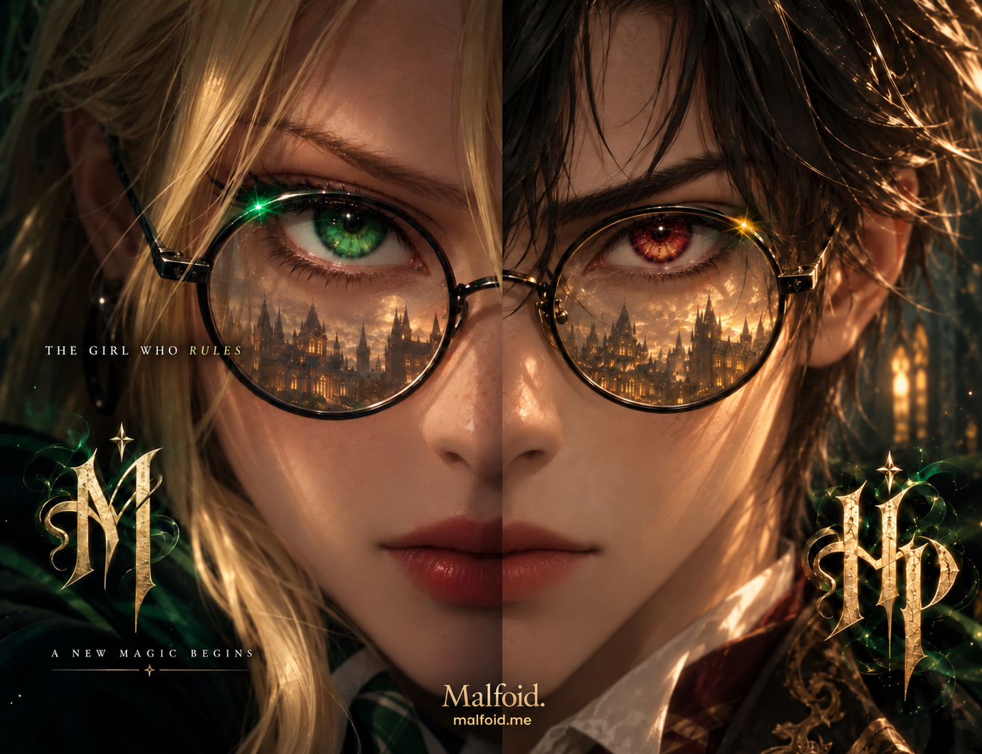 Emerald & Scarlet: paired half-face portraits with green and red-gold eyes, castle reflections in round glasses, and the Malfoid website signature.